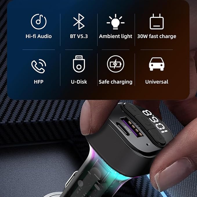 Bluetooth 5.3 FM Transmitter for Car, Bluetooth Car Adapter with Type-C PD(30W) Charger and QC3.0 USB Port, Wireless FM Radio Transmitter, Support MP3 Player, Handsfree Calling, Backlit,U Disk, Grey