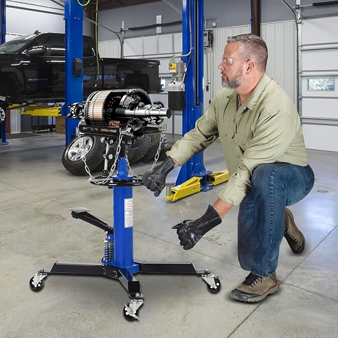 Dual Plunger Hydraulic Transmission Jack 1322lbs Capacity, 33.5"-69" High Lift 2-Stage Hydraulic Telescoping Jack, Trans Jack Stand with 8MM Non-Slip Pad, Foot Pedal & Swivel Wheel, Blue