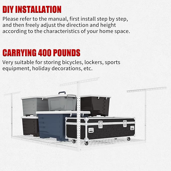 Heavy Duty Overhead Garage Storage Rack, Adjustable Organization System, Metal Garage Ceiling Storage Racks, White