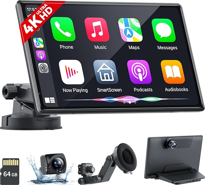 Wireless Portable Carplay Screen with 4K Dash Cam, Android Auto, 9'' Auto-Dimming Screen with Strongest Suction Mount, GPS Navigation for Car, 1080P Backup Camera, Loop Recording