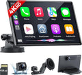 Wireless Portable Carplay Screen with 4K Dash Cam, Android Auto, 9'' Auto-Dimming Screen with Strongest Suction Mount, GPS Navigation for Car, 1080P Backup Camera, Loop Recording