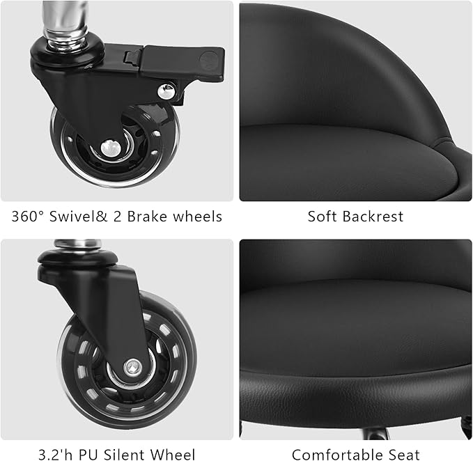 Rolling Stool with Backrest Low Height Rolling Stool with PU Leather, Roller Stool Chair, Roller Seats for Home, Office, Garage, Shop, Library (3.2" h Casters)