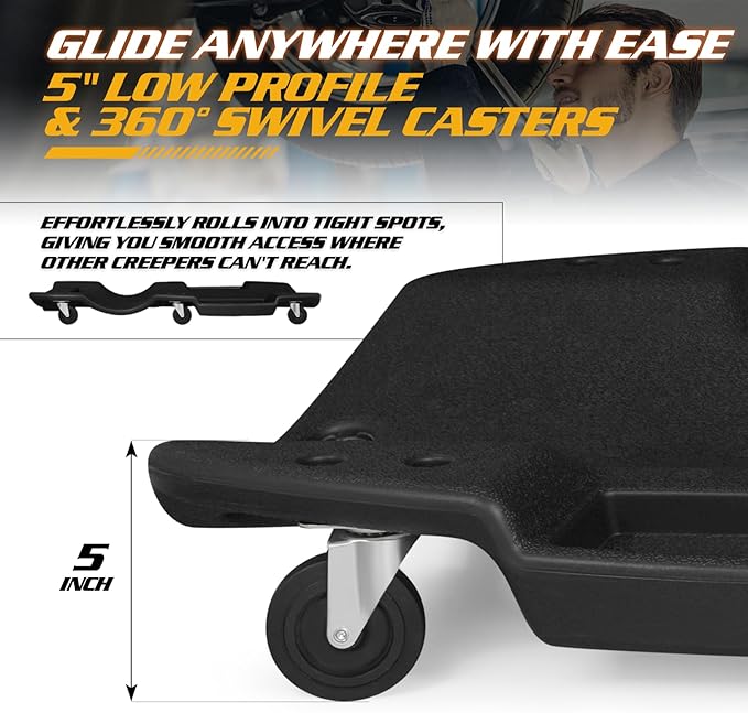 Magshion Mechanic Creeper with Padded Headrest and Dual Tool Tray, Rolling Garage Floor Creeper with 6 Wheels, Lightweight and Portable Automotive Creeper - 440 lbs Capacity (Black)