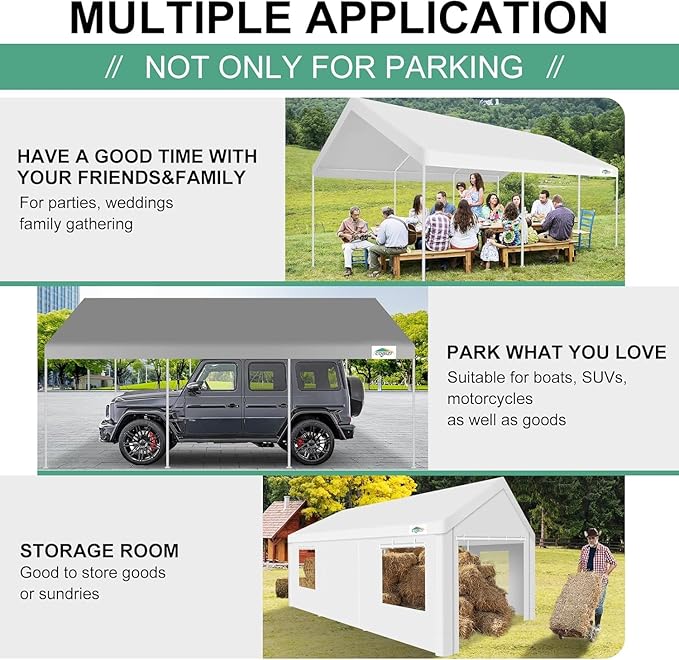 COBIZI Carport 12x20ft Heavy Duty Portable Garage, 2.0 Powder Coated Frame(Better Than Galvanized), Waterproof Shelter with Built-in Sandbags, for Car/Boat/SUV, White