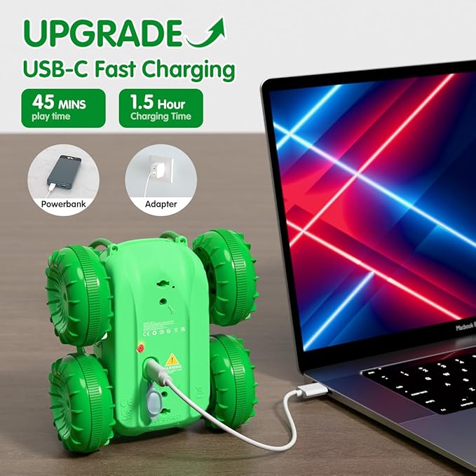 Remote Control Car, Fast Direct Charging RC Cars Amphibious Rechargeable Stunt Car 360° Rotating LED 2.4Ghz 4WD All Terrain Waterproof Cars Toy Christmas Birthday Gift Kids Boys 3-12 Years
