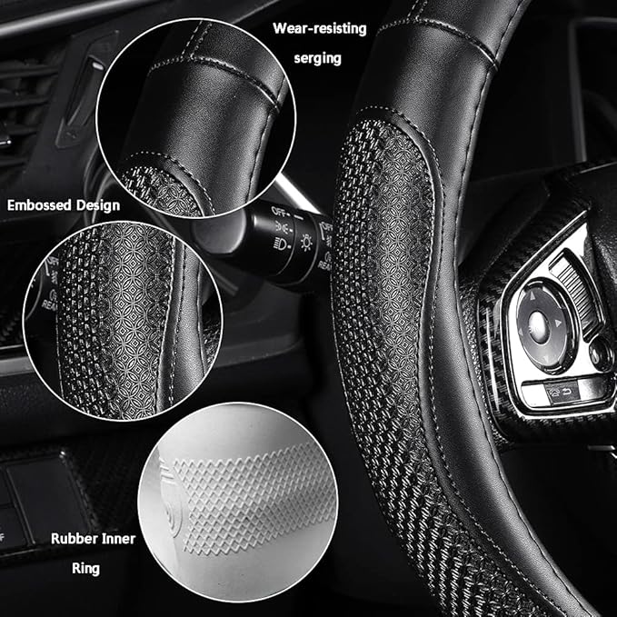 Leather Car Steering Wheel Cover 15 inch Universal Fit Microfiber Steering Wheel Cover Anti-Slip, Soft, Breathable, Full Surround Car Wheel Cover
