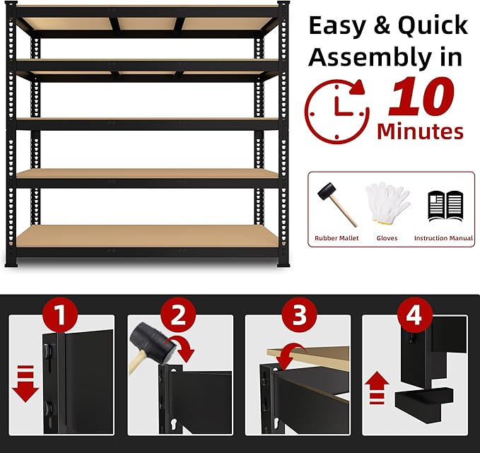 2 Packs 48" W x 24" D x 72" H Adjustable Garage Storage Shelves - 5-Shelf Heavy Duty Shelving Unit, Metal Utility Storage Organizer Racks for Warehouse Pantry Closet Kitchen, Black