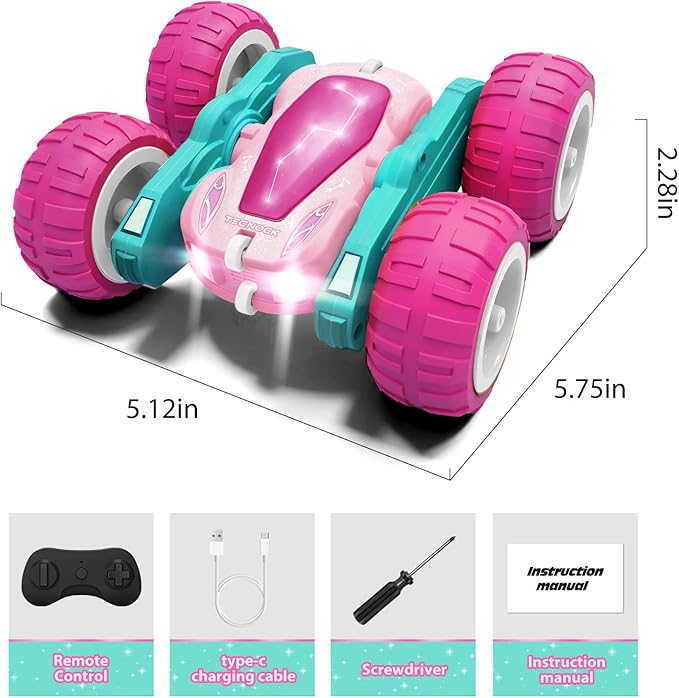 Tecnock Pink Remote Control Car for Girls and Boys, 2.4GHz RC Cars with USB-C Easy Charging, 4WD Double Sided 360° Rotates and Flips RC Stunt Car, Toys Gift for Kids