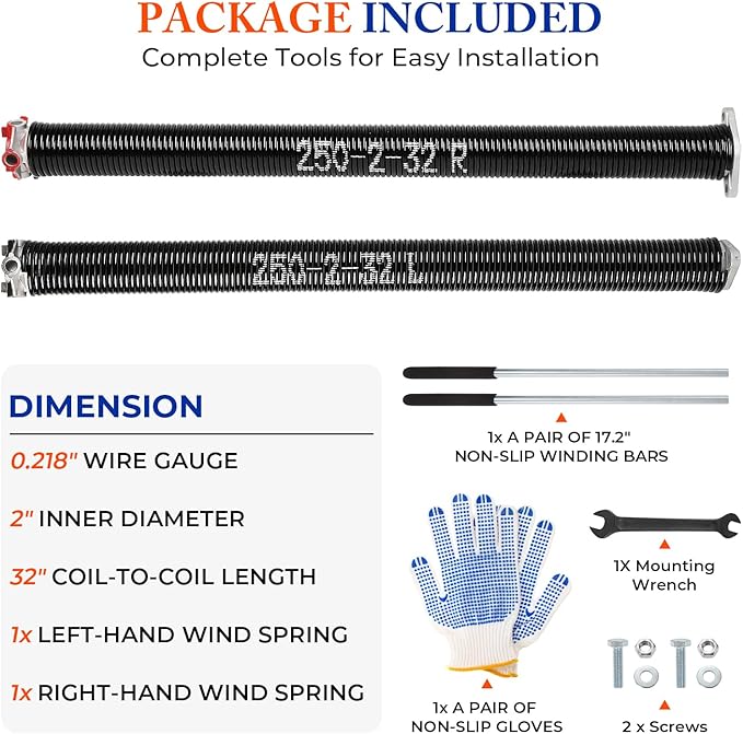Pair of 2" Garage Door Torsion Springs (0.250'' X 2‘’ X 32‘’) with Non-Slip Winding Bars & Gloves, Heavy-Duty Replacement, 18,000 Cycles, High Precision Electrophoresis Black Coated