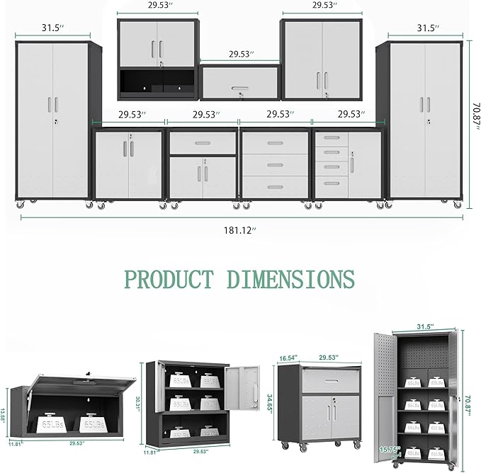 Metal Tool Cabinet,Garage Storage Cabinet System,Wall Cabinet & Locking Rolling Tool Cabinet with Doors and Adjustable Shelves,Steel Tool Cabinets for Home,Office (9 Pcs-StyleA, Black & Grey)