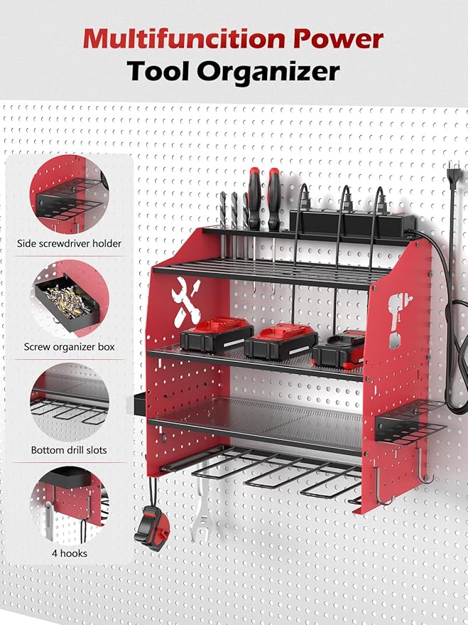 𝟐𝟎𝟐𝟓 𝐔𝐩𝐠𝐫𝐚𝐝𝐞𝐝 Power Tool Organizer Wall Mount with Charging Station [5-Layer Loads 220lbs Heavy Duty] Metal Tool Storage Rack Drill Holder,Battery Utility Rack Loads with 6 Power Strip