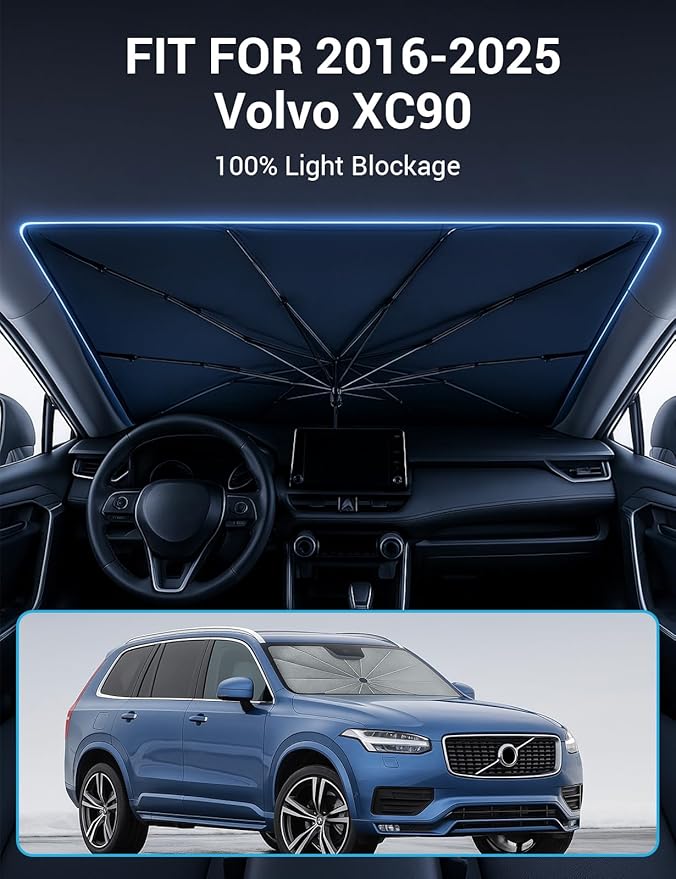 Proadsy Windshield Sun Shade Umbrella for Volvo XC90 2016-2025 2026 Foldable Car Umbrella Sunshade with Soft TPU Handle Spring Structure Crystal Cooling Material Protect Car from Rays & Heat