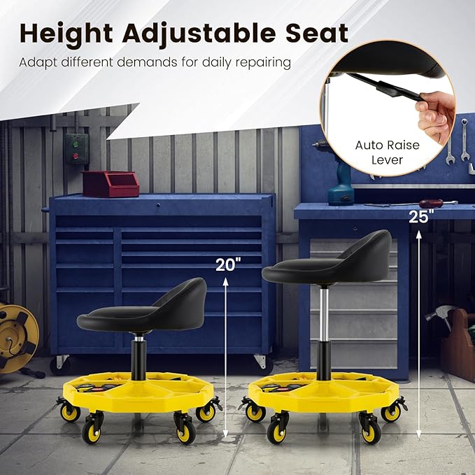 Goplus Rolling Garage Stool, 20”-25” Height Adjustable Mechanic Stool w/Magnetic Tool Tray, 2.5" Thick Padded Seat, Universal Lockable Wheels, Pneumatic Creeper Seat for Repair Shop, 350LBS Capacity