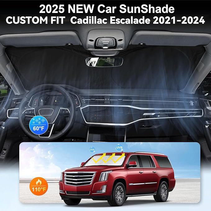Custom Fit Escalade Windshield Sunshade for Cadillac Escalade Accessories 2021-2023 2024 2025 2026 Front Window Shades Cover for Windshield Sun Visor Screen Protector 210T Reflective Blocks UV Rays