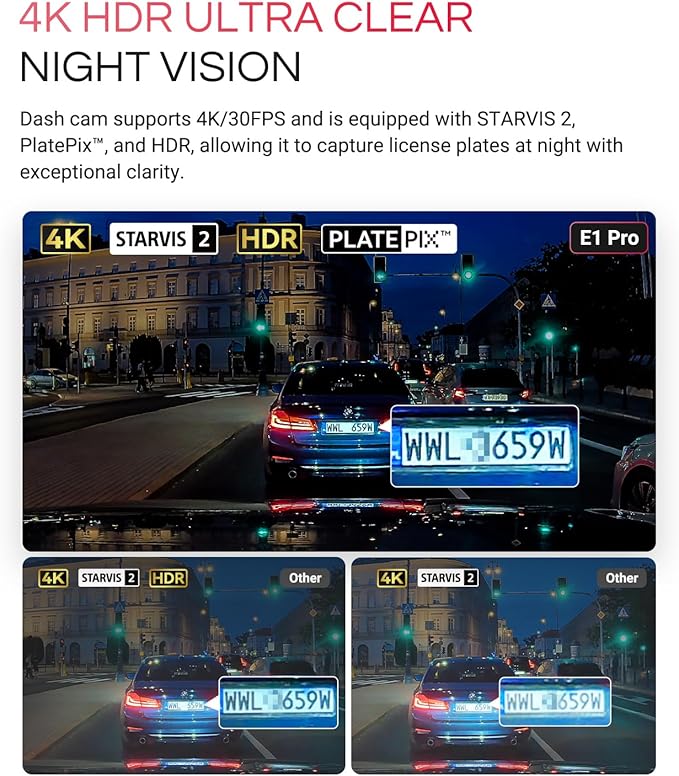 Vantrue E1 Pro 4K Mini Dash Cam Front, STARVIS 2 PlatePix HDR Night Vision Car Camera, Built-in 5G WiFi GPS, 1.54'' IPS Screen, LTE Support, Voice Control, 24/7 Buffered Parking Mode, Support 1TB Max