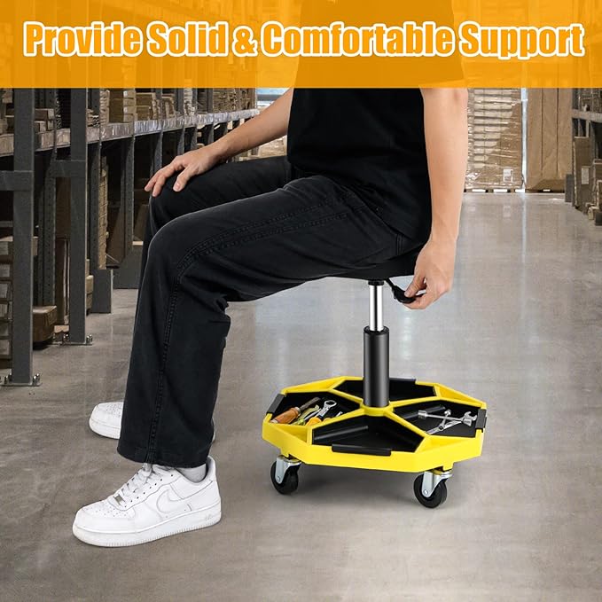 Adjustable Mechanic Rolling Stool, Pneumatic Rolling Stool with Wheels, Tool Storage Tray & Padded Seat Cushion, Garage Stool Chairs Creeper Seat (Yellow)