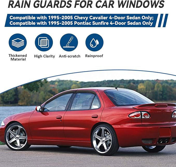 4pcs Front+Rear Smoke Tint Sun/Rain Guard Outside Mount Tape-On Vent Window Visors Compatible with 95-05 Cavalier/Sunfire 4-Door Sedan