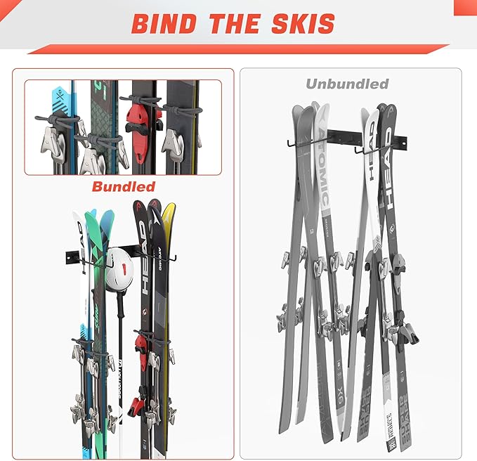 WALMANN Garage Ski Rack, Indoor Ski Hangers for Garage Ski Storage Wall Mounted Ski Holder Holds Up to 8 Pairs of Skis