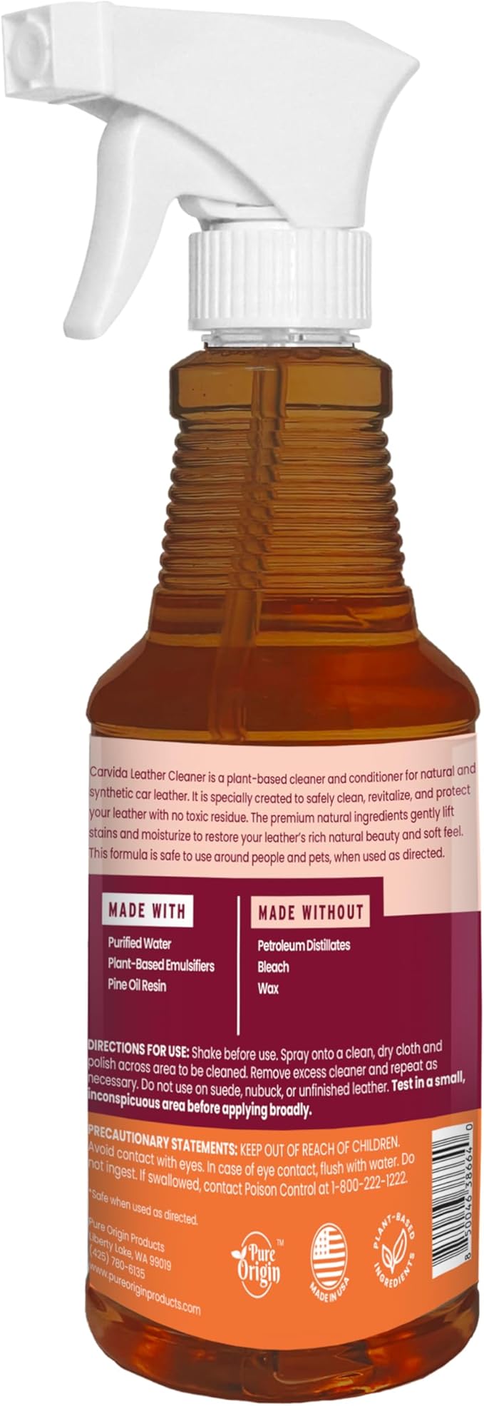 Leather Cleaner, Plant-Based Cleaner for Car Seats, Leather, Vinyl, 16oz