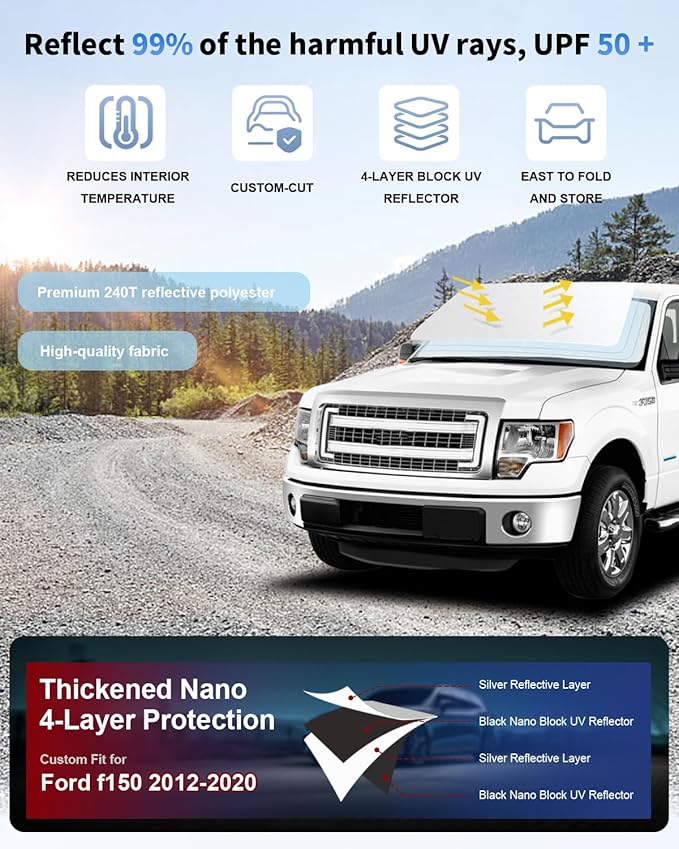 for F150 Car Windshield Sun Shade for 2015-2020 Ford F150 Lariat, King Ranch, Platinum, XL XLT Limited Raptor Accessories 2025 Upgrade Front Window Sunshade 2 Layer 240T Custom Fit Sun Visor Protector