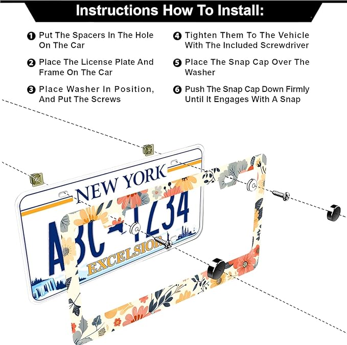 Colorful Floral Flowers License Plate Frames - 2 Pcs Set 2 Holes Stainless Steel Metal Auto Car Accessories Decoration License Plate Frame Cover Size 6.3" x 12.2" Fit US Vehicles for Women Men Gift