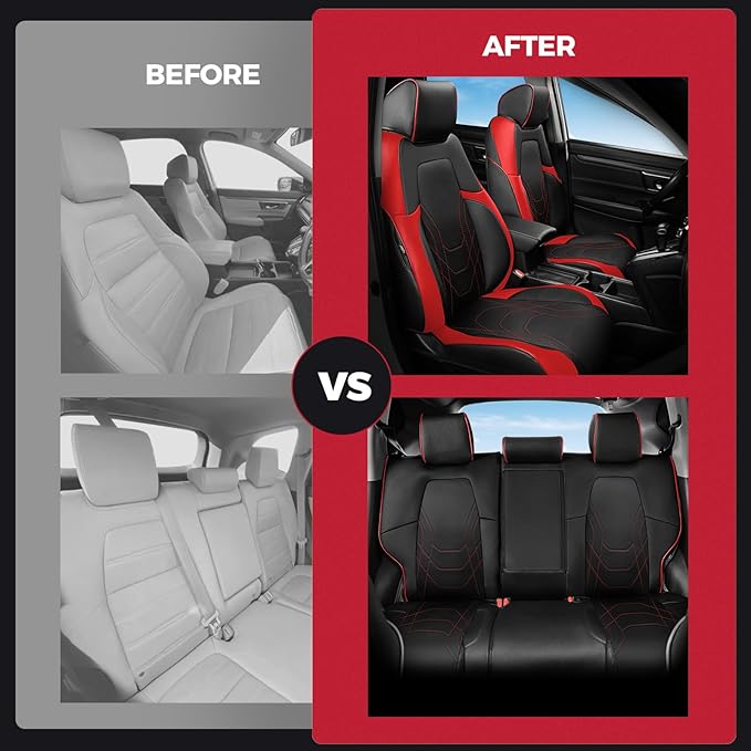 FREESOO CRV Seat Covers Full Set, for Honda CRV LX EX EX-L Sport Touring Hybrid 2017 2018 2019 2020 2021 2022, Custom Fit Seat Covers for CRV, Waterproof Leather Car Seat Covers, Black & Red