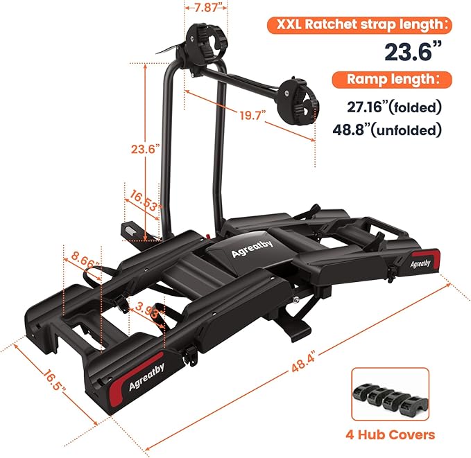 2-Bike Hitch Bike Rack with Ramp - 200 LBS Capacity Fat Tire Ebike Rack, XXL Wheel Straps, Lockable, Foldable & Tiltable - Fits 2" Receivers on Cars, SUVs, Trucks, Trailers - No Installation Needed