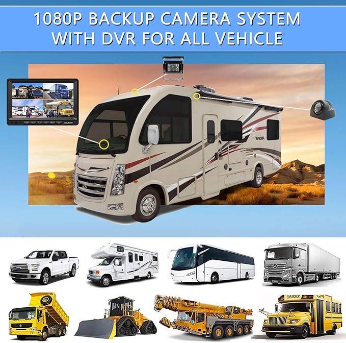 RV Backup Camera System with 7'' Quad Split 1080P Monitor for Truck Trailer Semi Camper Bus & 4 AHD Rear Side View Camera with DVR Record Function IP69 Waterproof Night Vision Avoid Blind Spot DOUXURY