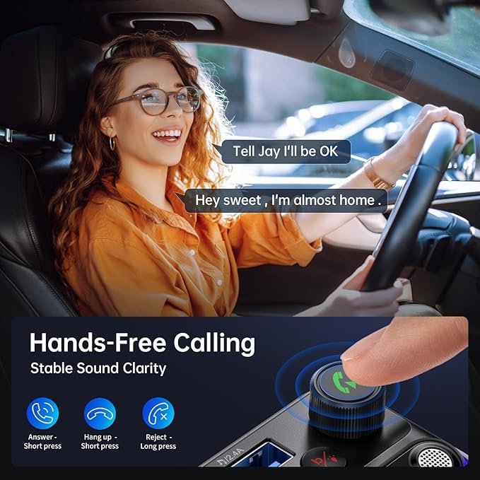 Syncwire Bluetooth 5.4 FM Transmitter Car Adapter 42W [Light Switch] [Stronger Dual-mic] [HiFi Bass Sound] [Fast Charging] Wireless FM Radio Music Adapter Hands-Free Calling Support USB Drive, Silver