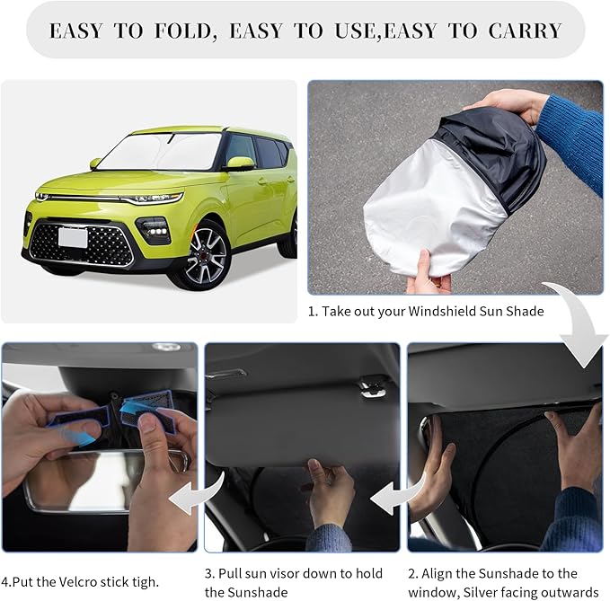 Sun Shade Sunshade for 2025 Kia Soul Windshield Cover, 4-Layer Front Window Shade Custom fit Soul 2010-2024 2025 Sun Visor 240T Retractable Shield Shade Blocks UV Rays Cooler Car Accessories