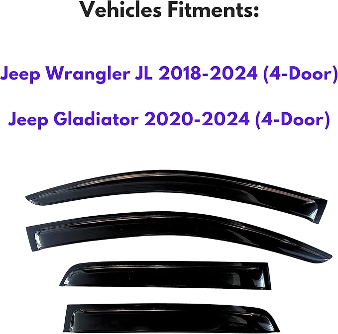 KPY Window Visor Compatible with 2018-2024 Jeep Wrangler JL Unlimited 4-Door & Gladiator 4-Door 2020-2024, 4PC Rain Guard Side Window Vent Deflectors Tape-On Style, 2018 2019 2020 2021 2022 2023 2024