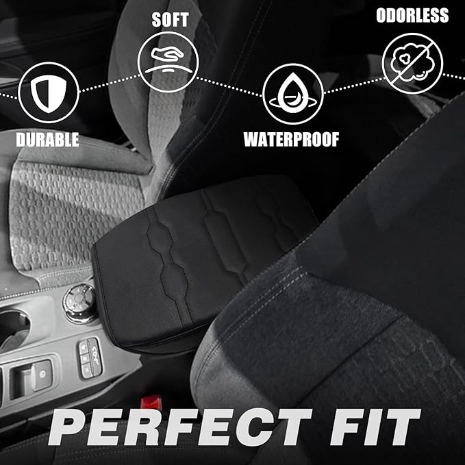 Muslogy Center Console Armrest Cover Compatible with Ford Ranger 2024 2025 Accessories Comfort Armrest Pad Cushion Box Lid Cover Vegan Leather Protector Regular Thick(Black/Black Stitching)