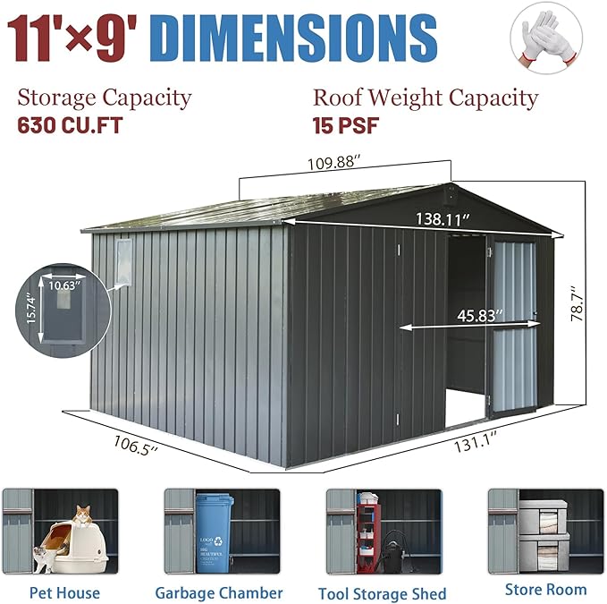 IKERY Large Galvanized Steel Storage Shed - 11' x 9' with Windows and Lockable Door, Outdoor Garden and Utility Tool Shed for Backyard and Patio, Dark Gray
