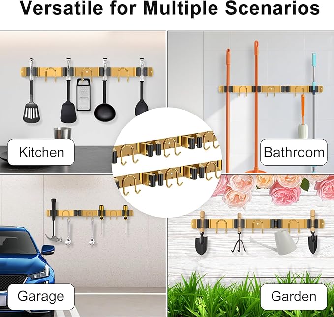 Mop Broom Holder Wall Mount, 2 Packs Gold Stainless Steel Tool Storage Organizer for Kitchen Garden Garage Laundry Room Bathroom and RV with 4 Slots 6 Hooks