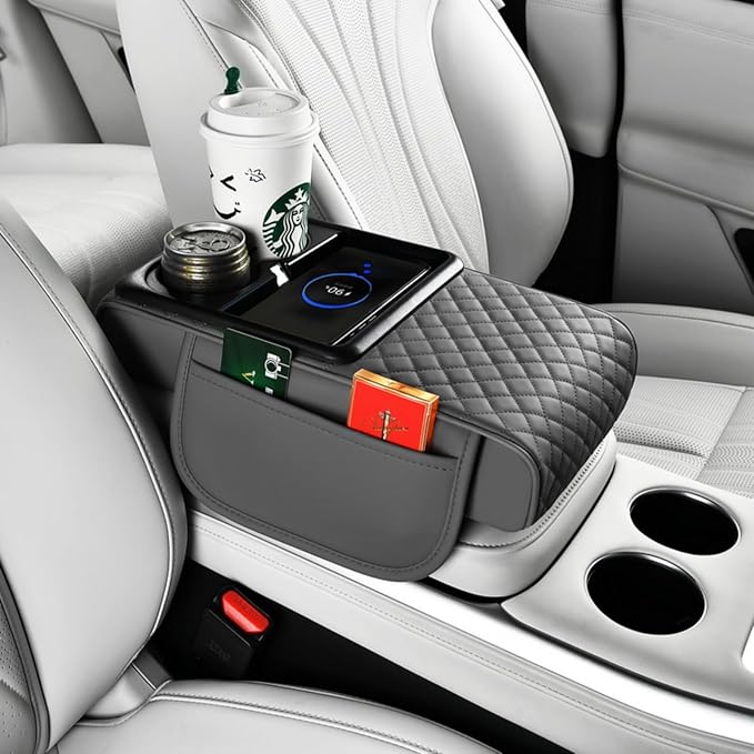 Upgrade Arm Rest Cover for Car, 5-in-1 Middle Console Cover Cushion Pad with Cup Holders & Side Pockets, Center Armrest Storage Box, Gray