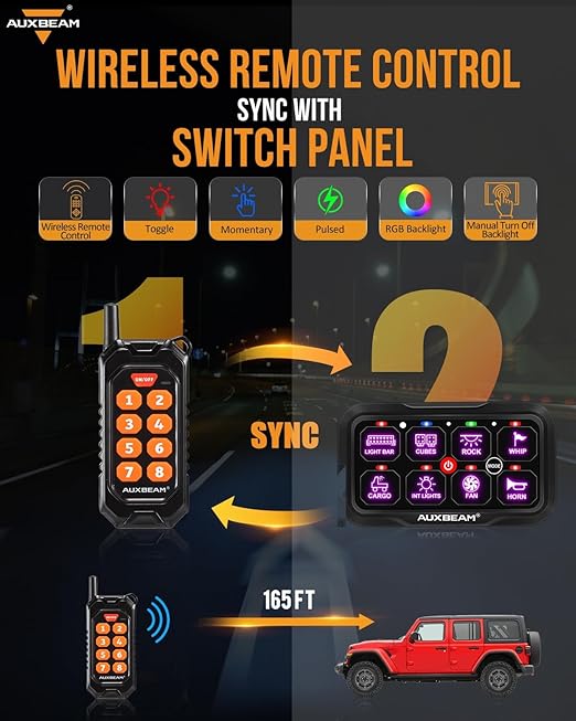 Auxbeam 8 Gang Switch Panel RC-800 RGB Wireless Remote Control Range Up to 165FT Multifunction Switch Pod 3 lighting modes with Backlit Off and Auto Dimmable for RV Offroad Waterproof 2 Years Warranty