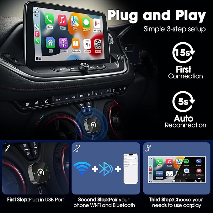 Wireless Carplay Adapter & Android Auto 2025 Upgrade Wired CarPlay to Wireless,2-in-1 Mini USB Design with Fast Stable Connection Car Play for Apple iOS 10+, Android 11+ Version