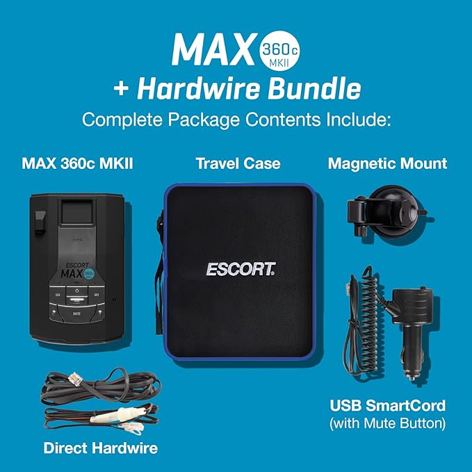 Escort MAX 360c MKII Laser Radar Detector & Escort Direct Wire Power Cord: Dual-Band Wi-Fi and Bluetooth, 360° Directional Arrows, Exceptional Range, Shared Alerts, Drive Smarter App, Black