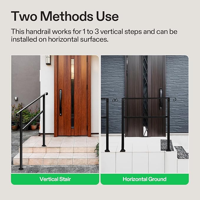 VIVOSUN Outdoor Handrail, 3 Step Stair Handrail, 40" x 36" Fits 1 to 3 Steps, Wrought Mattle Iron Stair Railing with Curved Ends for Concrete Steps, Porch Steps, One-Step Assembly, Black