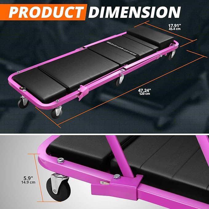 DNA MOTORING 48" 2 IN 1 Folding Rolling Garage Shop Creeper Roller Seat, 7 Pcs 2" Casters, 350 Lbs Weight Capacity, Purple, TOOLS-00193-PR