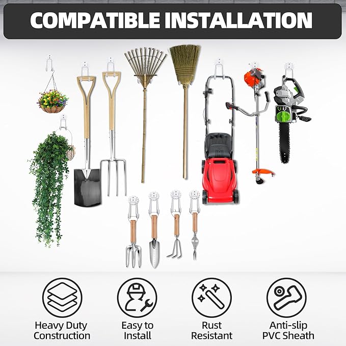 Heavy Duty Steel Storage Hooks - Utility Wall Mount Hooks with Anti-Slip Coating, Holds Bike, Ladder & Tools