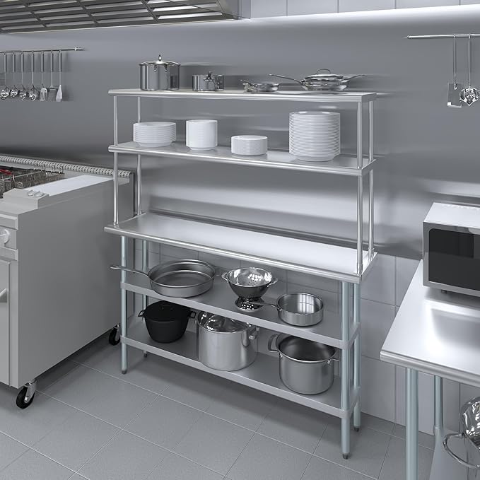 Amgood Stainless Steel Work Table with 2 Shelves | Metal Kitchen Prep Table & Shelving Combo (14" x 60" Table with 2 Shelves + 12" Overshelf)