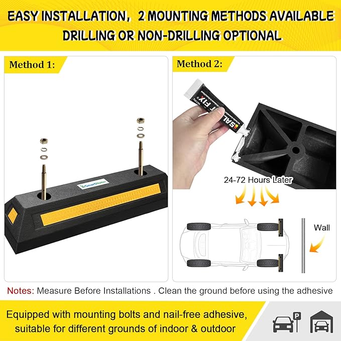 Car Parking Stopper – 2PCs Heavy Duty Rubber Curb Car Stop for Garage and Driveway, Parking Aid, 18” Tire Wheel Stop for Cars, Vans, Trucks – Prevents Hitting Wall or Barrier – Easy Installation