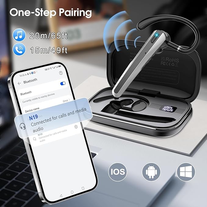 Bluetooth Headset V5.3, Wireless Earpiece with Dual ENC Noise Canceling Mic, 120H Hand-Free Talk Single-Ear Bluetooth Earpiece with LED Display, IP7 Waterproof Headphones for Office/Trucker/Business