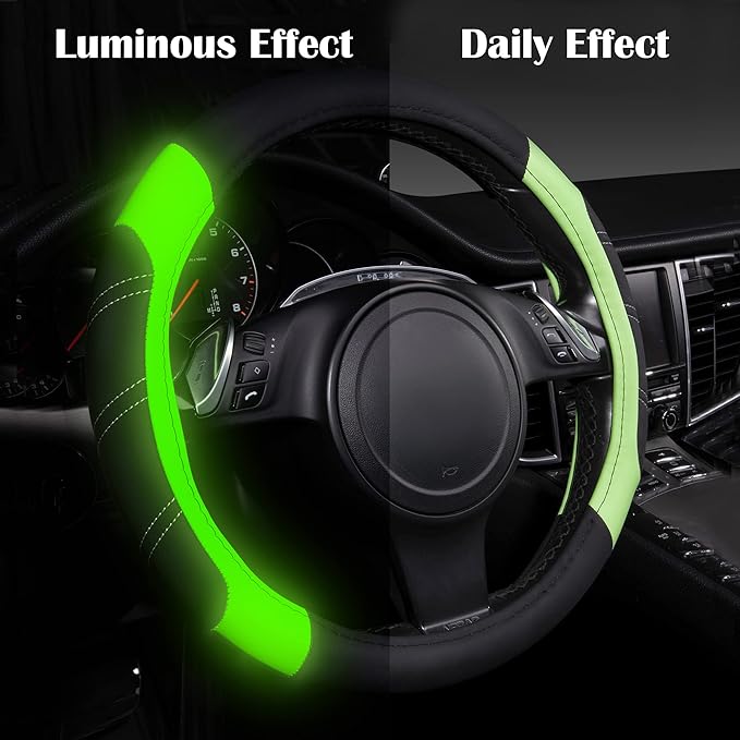 CAR PASS Line Rider Microfiber Leather Sporty Steering Wheel Cover Universal Fits for 95% Truck,SUV,Cars 14.5-15inch, Anti-Slip Safety Comfortable Design (Glows Lime Fluorescent Green)