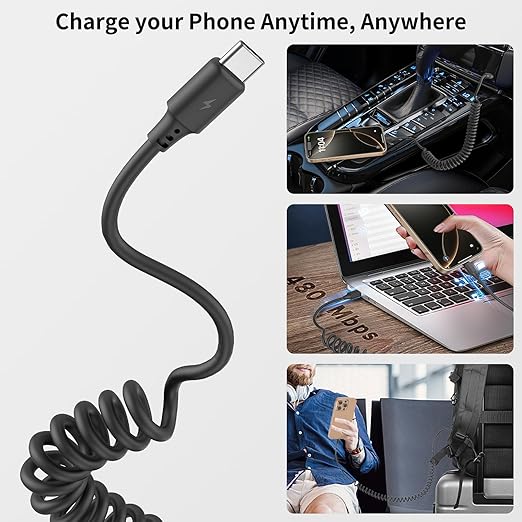 Coiled USB C Cable for Car 2Pack 3ft, USB to USBC Coiled Cord for iPhone 16 15 Pro Max, 3A USB Type C Retractable Cable Fast Charging with Galaxy S23 S22 S21 S20, Note 20 10 A10e A20 A50, Moto G LG