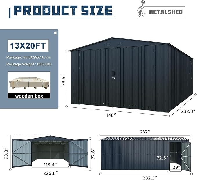 KUIKUI 20x13ft Heavy Duty Outdoor Garage Metal Shed, Sheds and Outdoor Storage with 2 Doors and 4 Vents Without Floor, Car Sheds Outdoor Garage