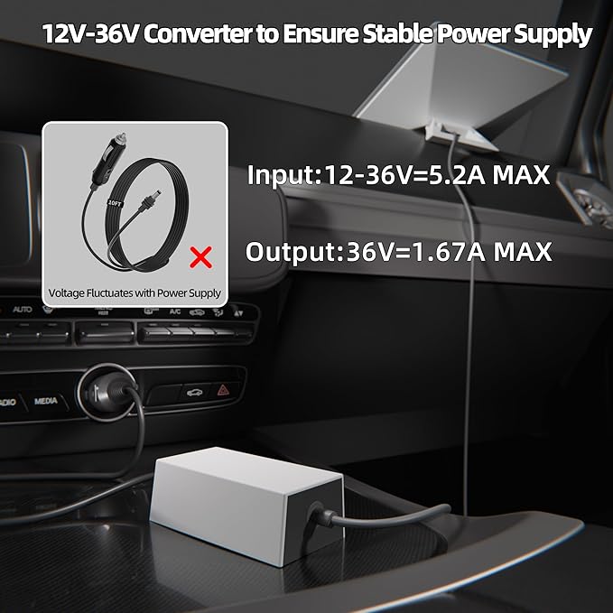 DAIERTEK Starlink Mini Adapter, 36V 1.67A Output, 12V-36V Input, Black, 19 AWG Power Cord, Car Charger, Waterproof, Portable