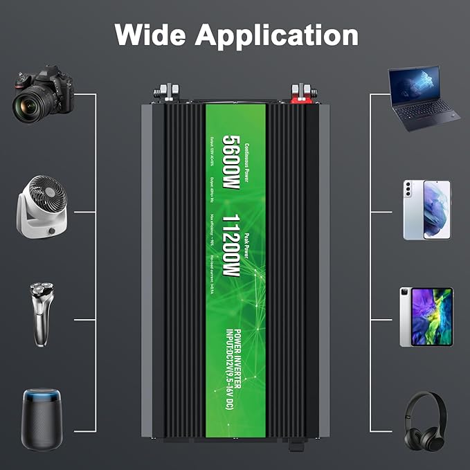 5600W Power Inverter,Peak Power 11200W 12V DC to AC 110120V,Remote Control with 4AC Outlets and3.1USB Port,LCDDisplay for Outdoor Activities,Emergency