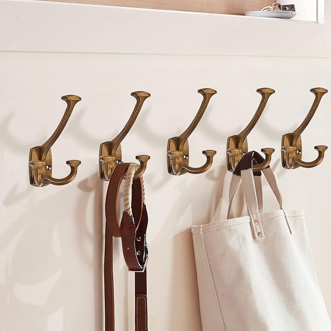 Large Wall Double-Sided Hook 5 Pack Antique Brass Hook Decorative Heavy Duty Solid Large Coat Hooks for Towel Hanging Coats Robe Towel Bags Door Back 2 Prong Hooks